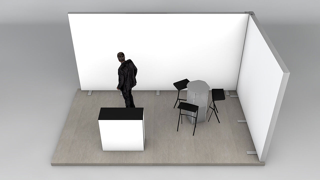 Modularer Messestand als Eckstand in L-Form mit zwei offenen Seiten