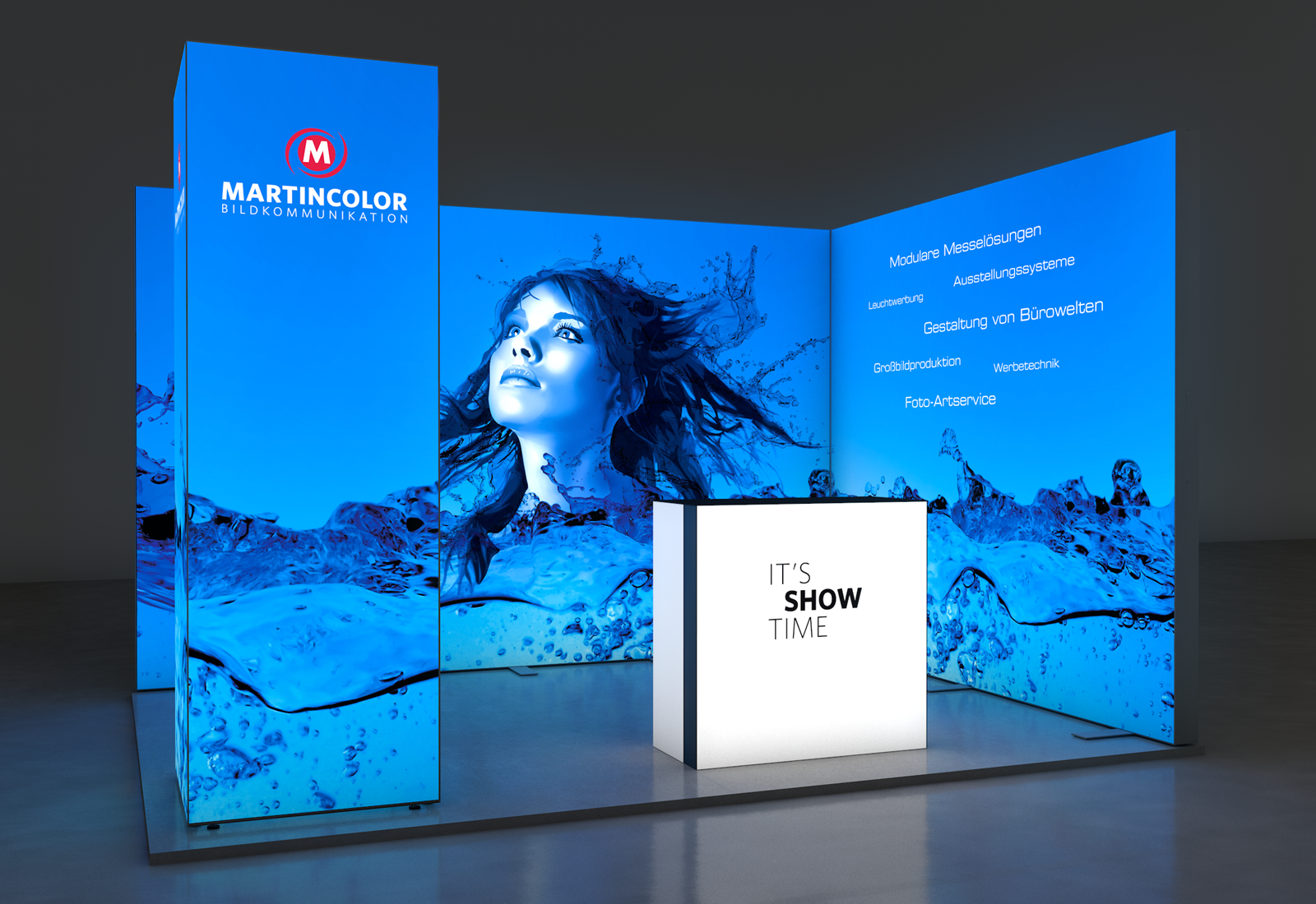 LED Messestand Premium 4x3 m Eckstand mit LED-Tower