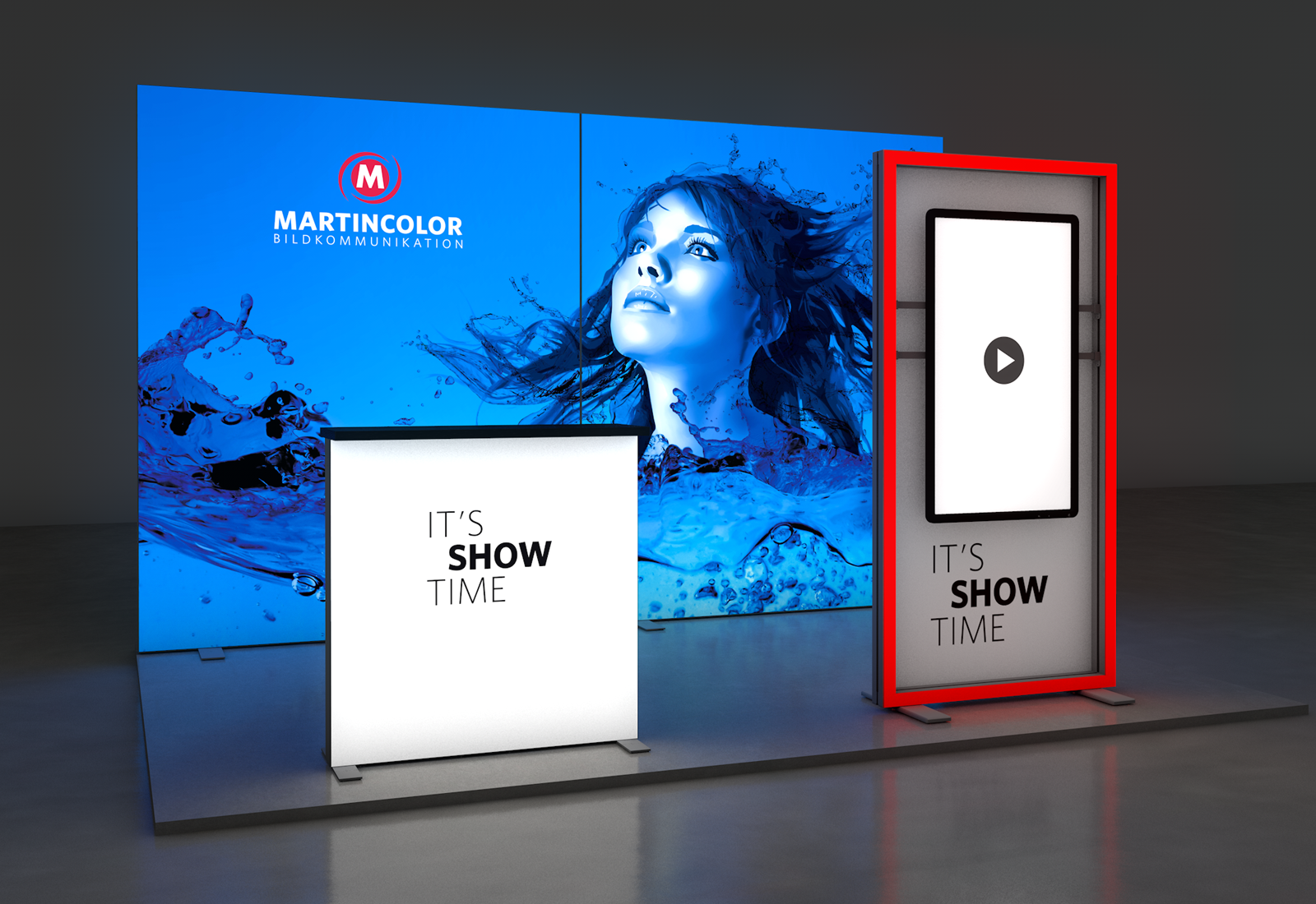LED Messestand 4x3 m Kopfstand mit digitaler Stele