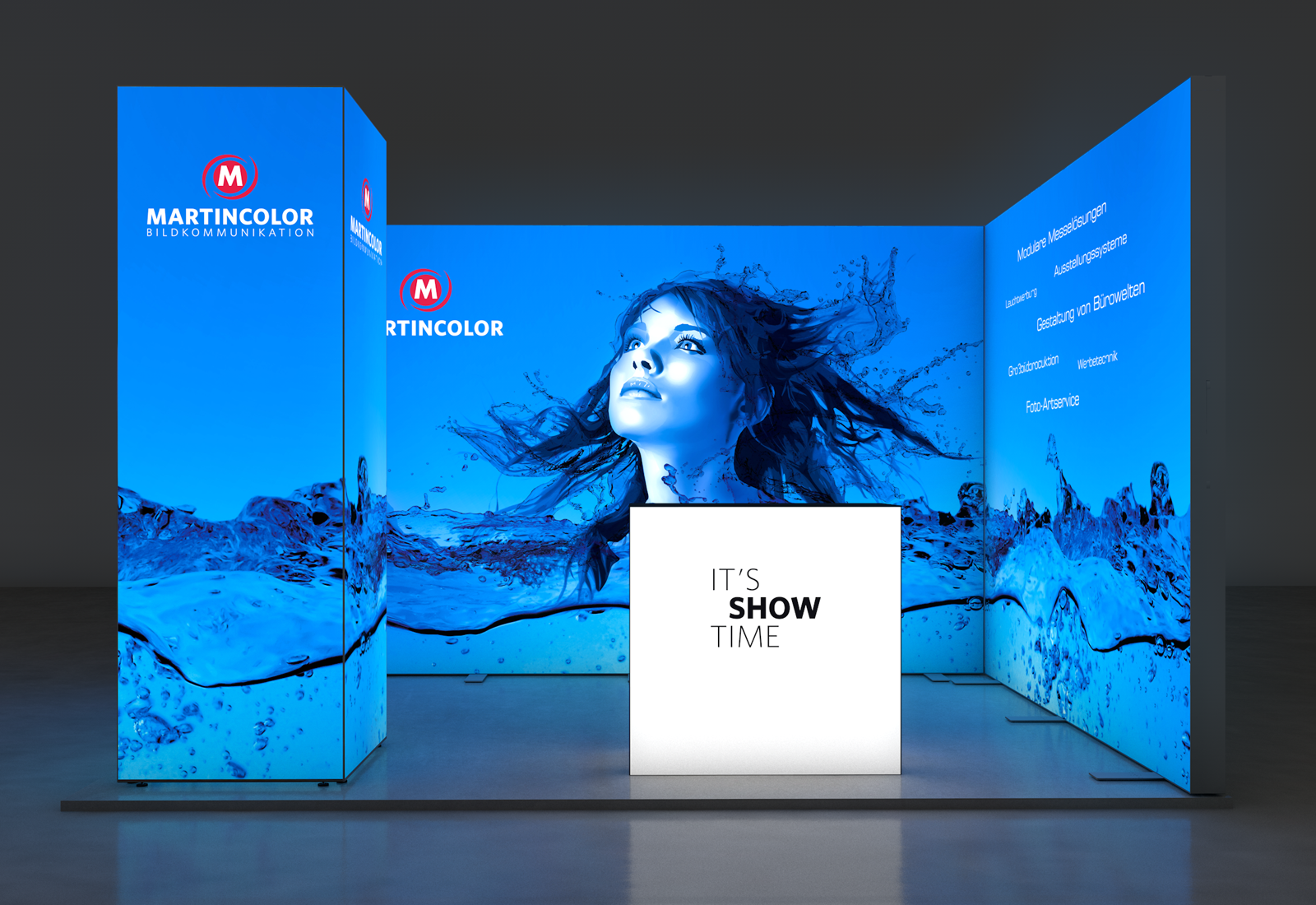 LED Messestand Premium 4x3 m Eckstand mit LED-Tower