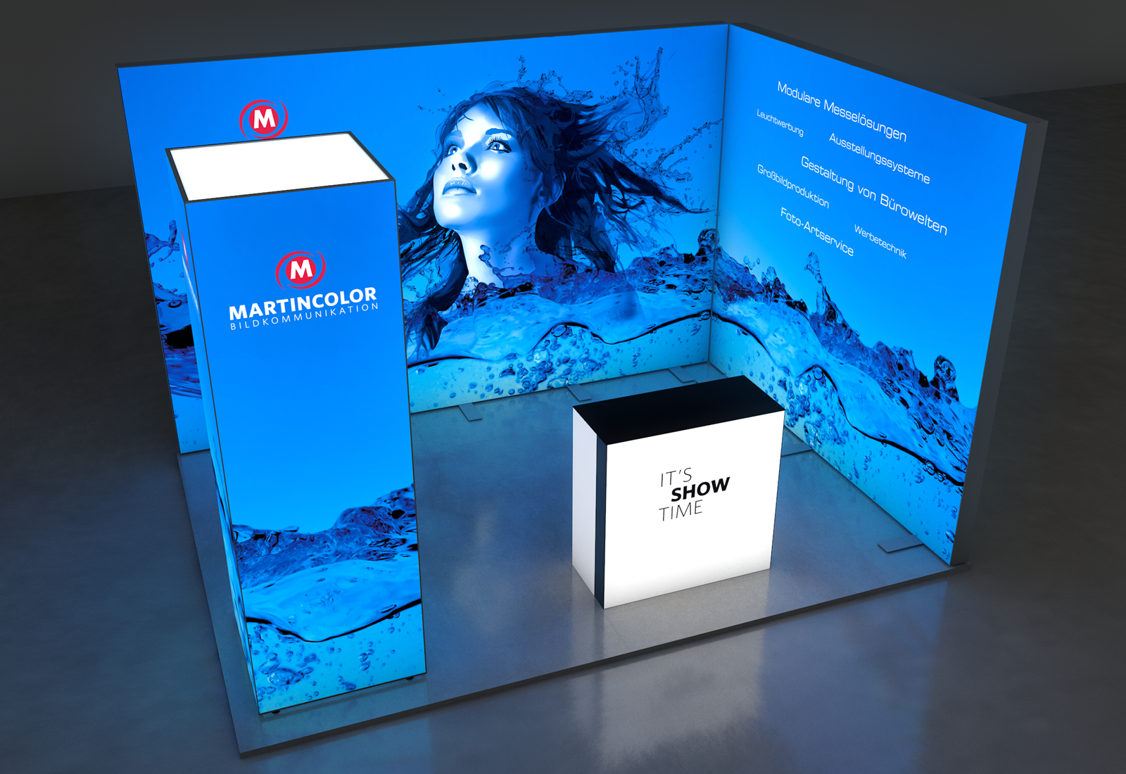 LED Messestand Premium 4x3 m Eckstand mit LED-Tower