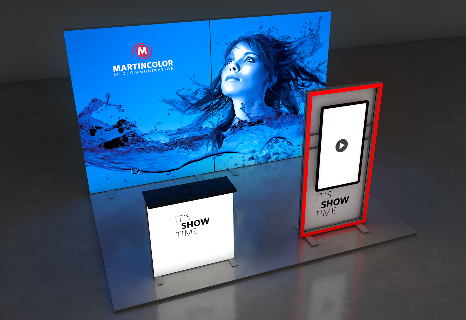LED Messestand 4x3 m Kopfstand mit digitaler Stele